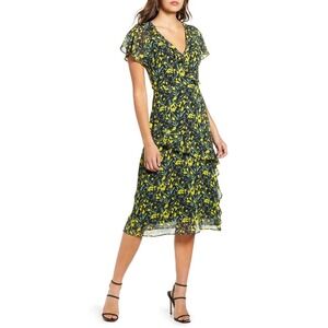 All in Favor Womens Floral Ruffle Tiered Midi Dress Yellow Black V-Neck Large